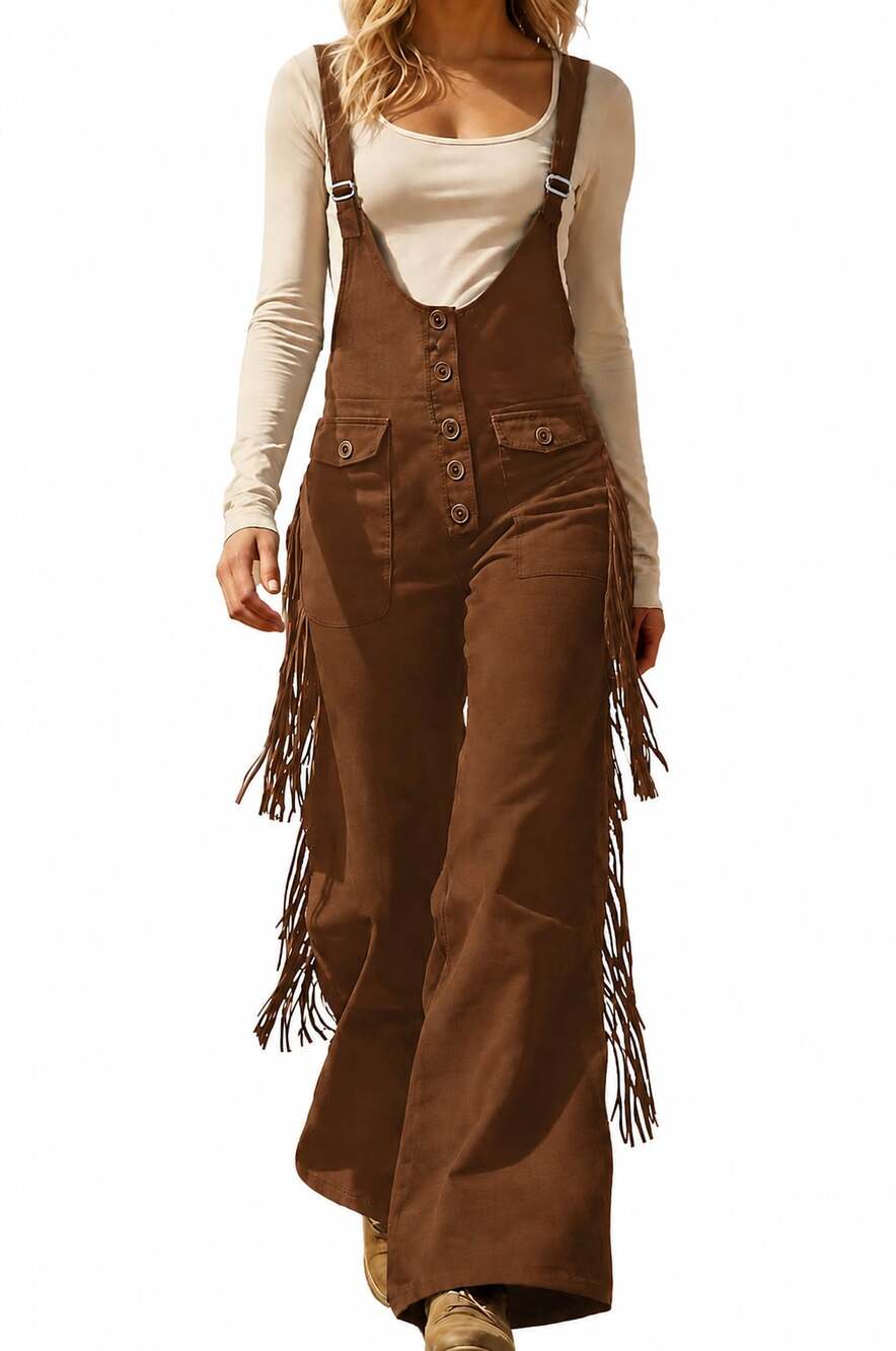 Women Vintage Western Suede Fringe Wide Leg Overalls Caramel Brown Jumpsuit